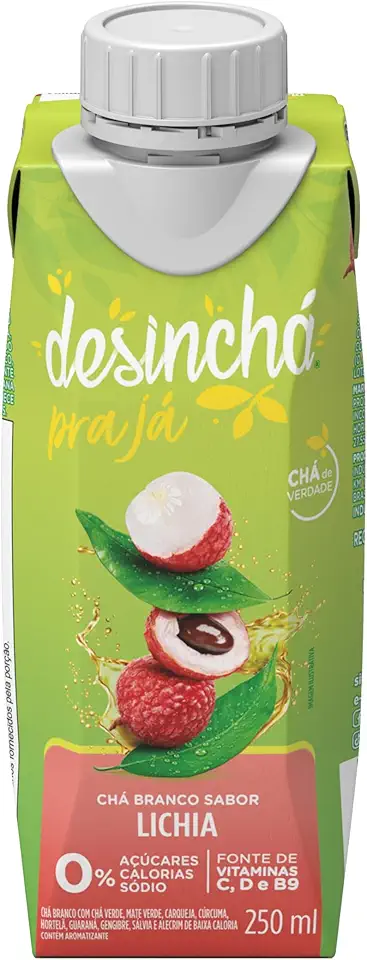 Desinchá Chá Branco com Lichia 250ml, Com Chá Verde, Mate Verde, Cúrcuma, Guaraná e Ervas Naturais, Baixa Caloria, Bebida Funcional e Refrescante