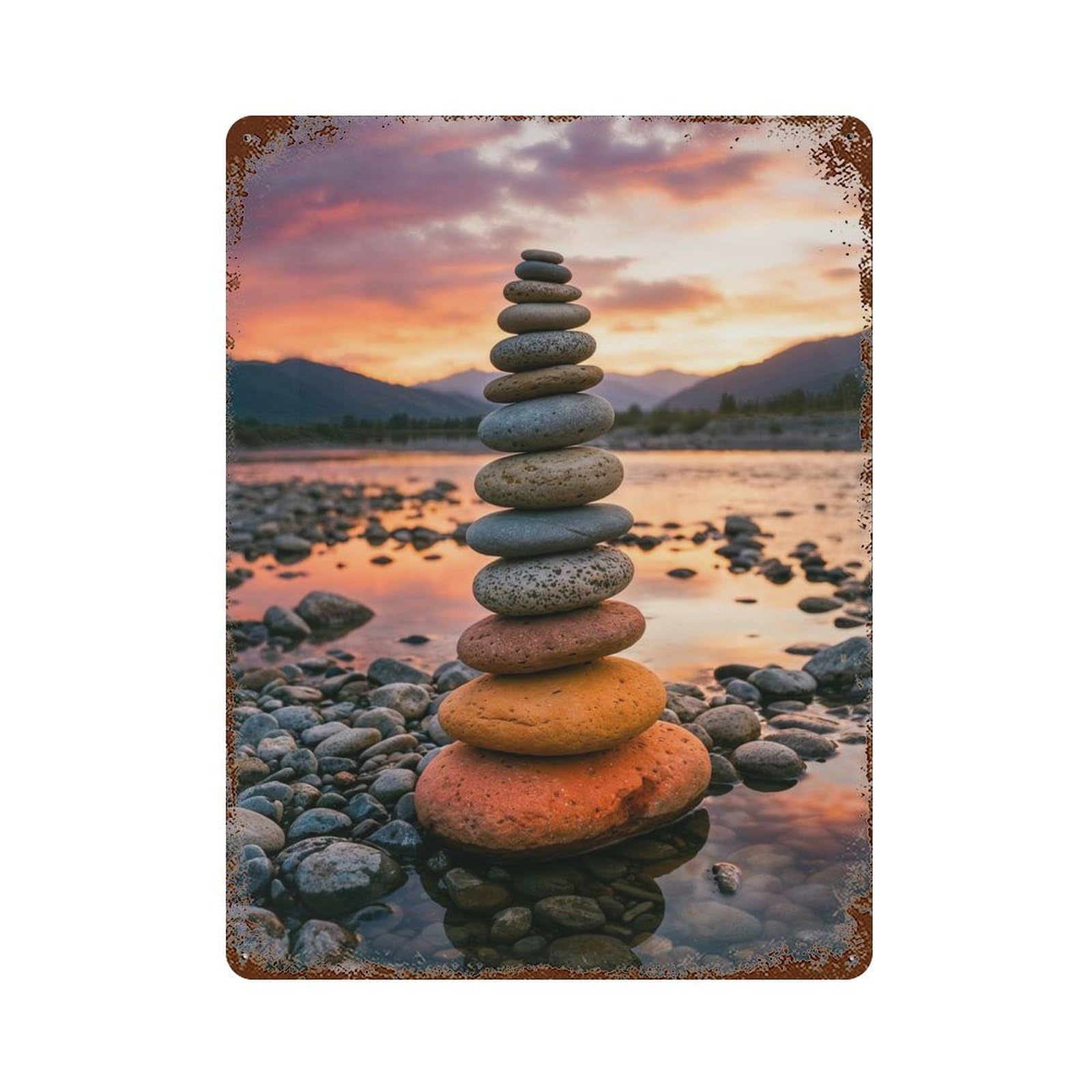 Stacked Stones at Sunset 15.7"x11.8" Weathered Tin Sign, Shabby Chic Decor for Farmhouse, Kitchen And Entryway Decor