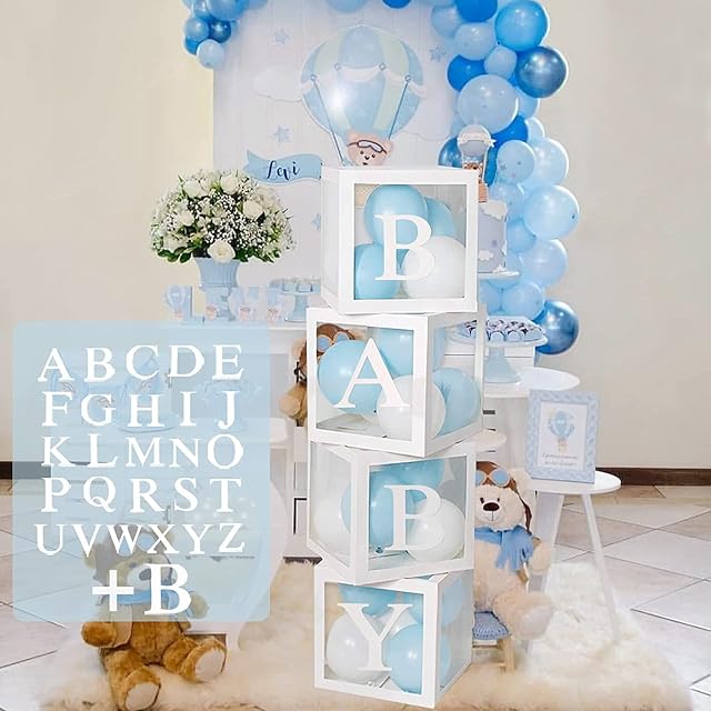 Baby Shower Decorations Balloon Boxes for Boy Girl, 4Pcs White Transparent Baby Balloon Boxes Blocks with 27 Letters, Baby Boxes for Baby Shower, Christening, Gender Reveal, Birthday Party Decorations