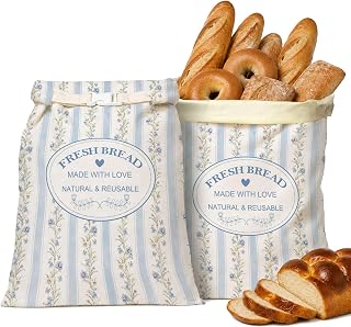 2 Pack 17x13in Floral Cotton Bread Bags with Beeswax Liners for Sourdough | Reusable cotton bags with natural beeswax liners store homemade sourdough and baked goods; a lovely gift for home bakers.