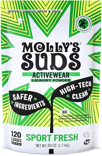 Molly's Suds Active Wear Detergente para ropa  Polvo natural extra fuerte, lucha contra las manchas para telas de rendimiento y piel sensible  120