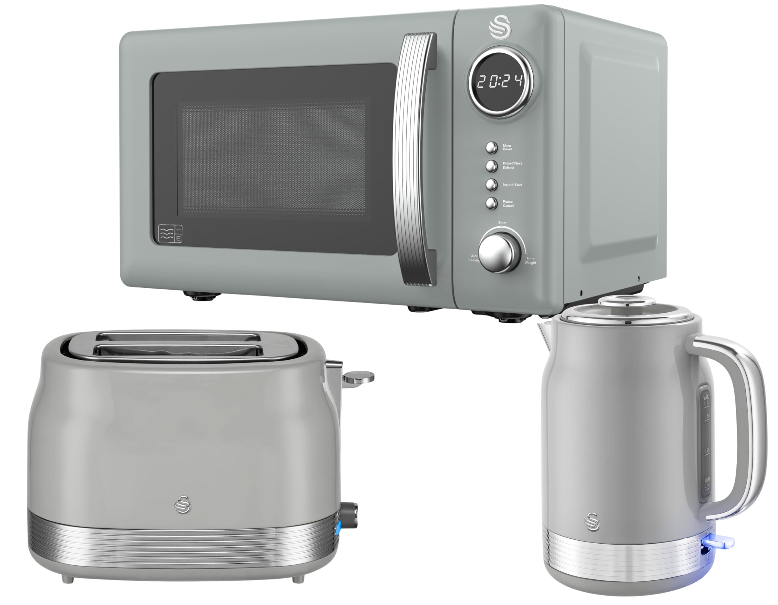 Swan Retro Revive Grey Kitchen Appliance Bundle β 1.7L Rapid Boil Kettle, 2 Slice Toaster & 800W 20L Digital Microwave, Retro Gloss Finish with Chrome Accents