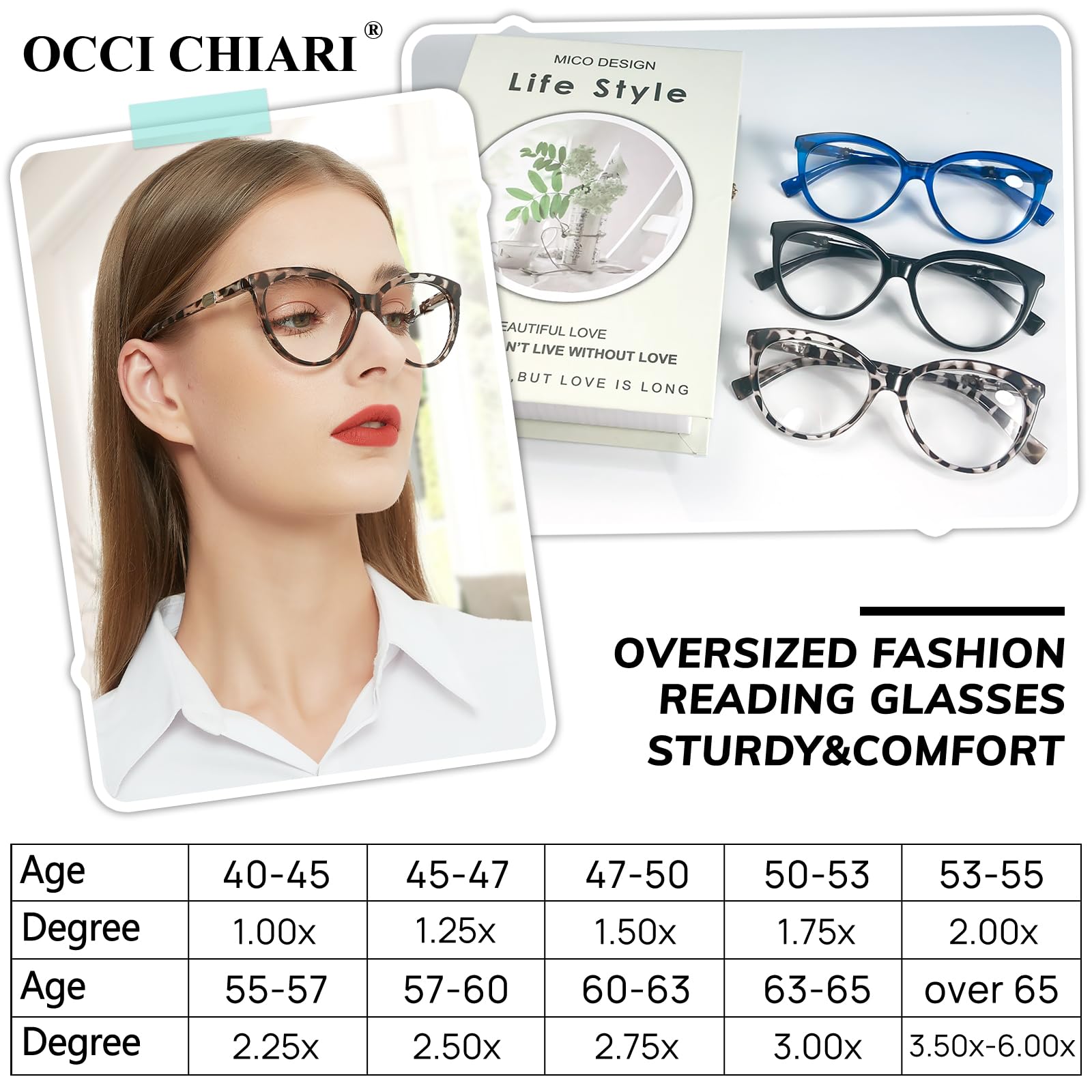 OCCI CHIARI 2.25 Reading Magnifying Glasses Modern Oversized Readers for Women(1.0 1.25 1.5 1.75 2.0 2.25 2.5 2.75 3.0 3.5 4.0 5.0 6.0)