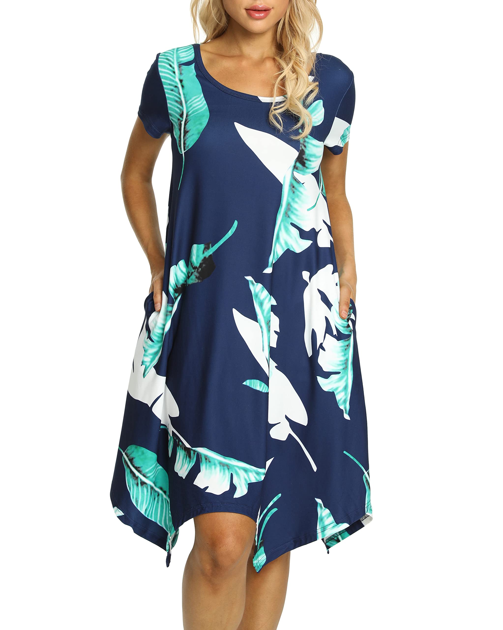 Women Casual Loose Soft Crewneck Short Sleeve Pockets Swing T-Shirt Dress