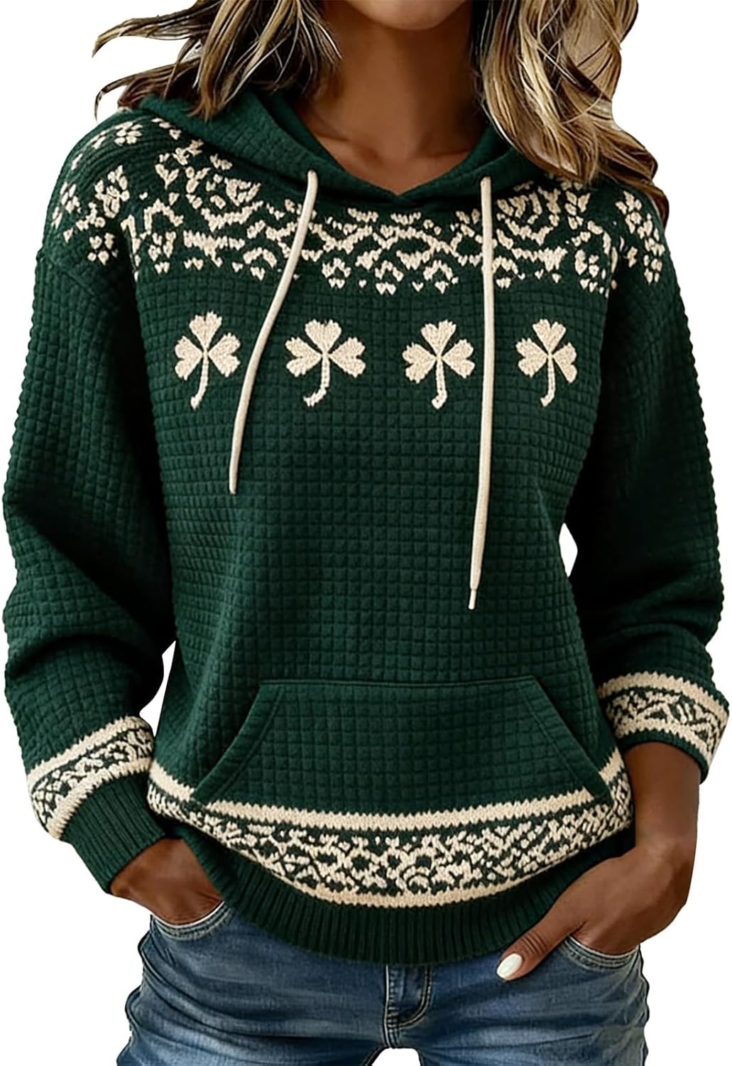 St Patricks Day Sweatshirt for Women Long Sleeve Clover Printed Waffle Knit Hoodie Funny Shamrock Irish Sweater Outfit