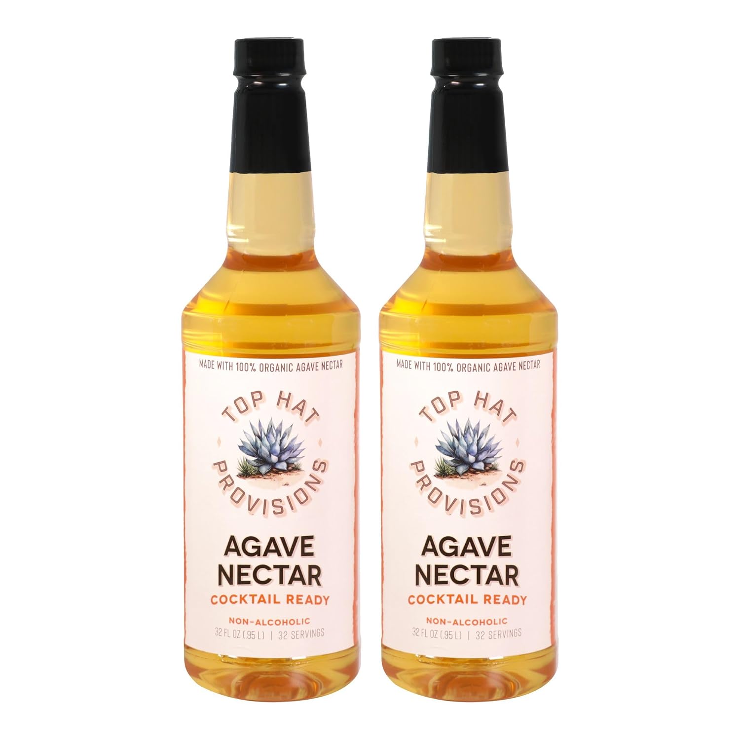 Top Hat Agave Nectar - Made with 100% Organic Agave Nectar - Lower Calorie Agave Syrup Sweetener for Margaritas, Cocktails, Mocktails, Lemonades, Soda, Coffee, Tea & Desserts - 2 Pack of 32oz Bottles
