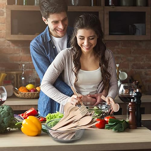 Miniatura 3 de Utensilios desechables de bambú 200 PK 80 tenedores, 80 cucharas, 40 cuchillos Juego de utensilios de bambú biodegradables naturales y respetuosos