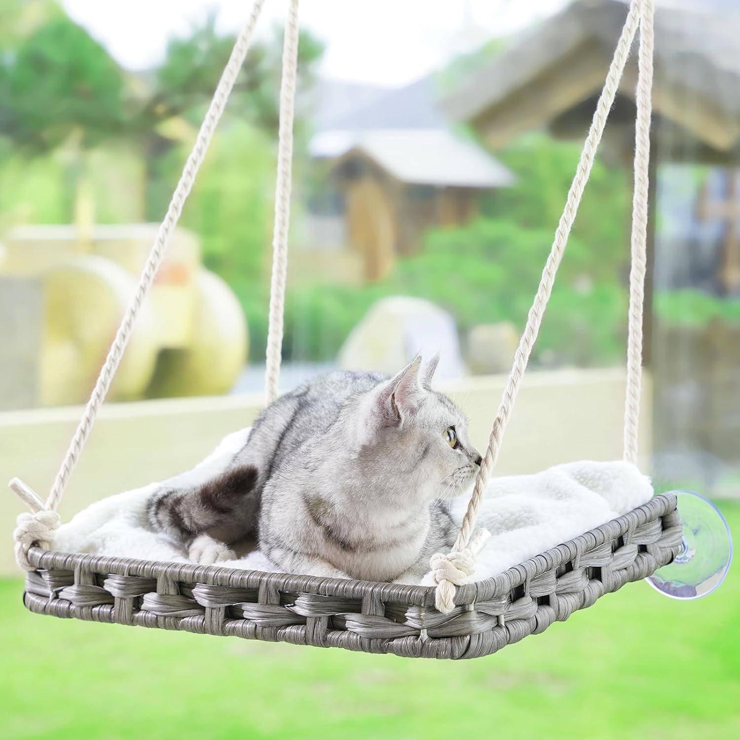 Cat Window Perch Cat Window Hammock Bed for Indoor Cats, Large Handwoven PE Rattan Window Seat, 4 Suction Cups, Double Sided Washable Cushion Bed, 2.3 Inch Fence Shelf, for Pet Kittens Natural