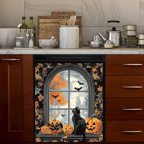 Miniatura 2 de Calcomanía magnética para lavavajillas con diseño de calabaza y gato negro con diseño de murciélago y luna llena, para lavavajillas, panel para