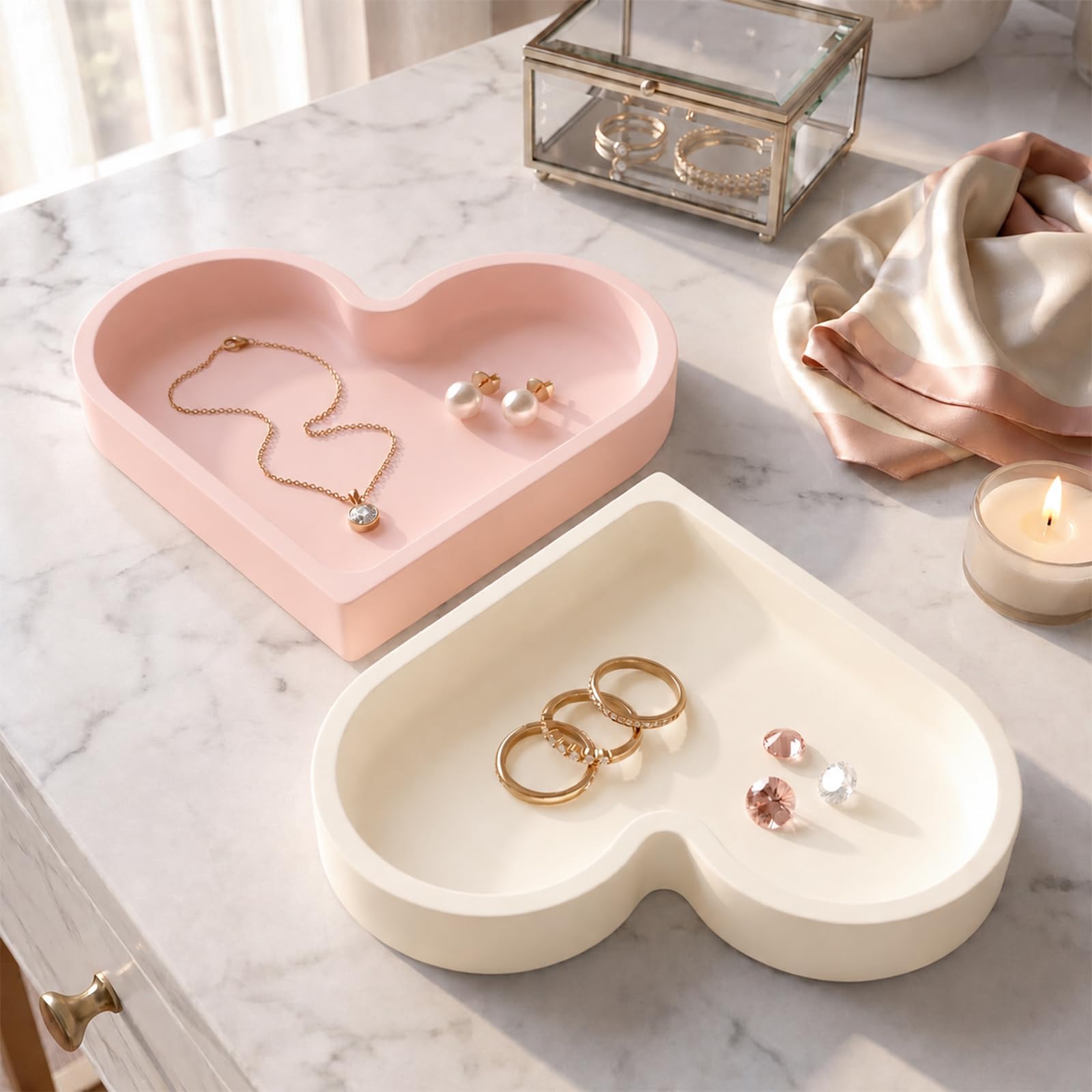 2 Pack Heart Shape Silicone Jewelry Tray, Soft Shatterproof Ring Dish, Small Trinket Tray for Necklace Earrings Keys, Home Decor Gift for Mom Sister Daughter Girlfriend, Beige+Pink
