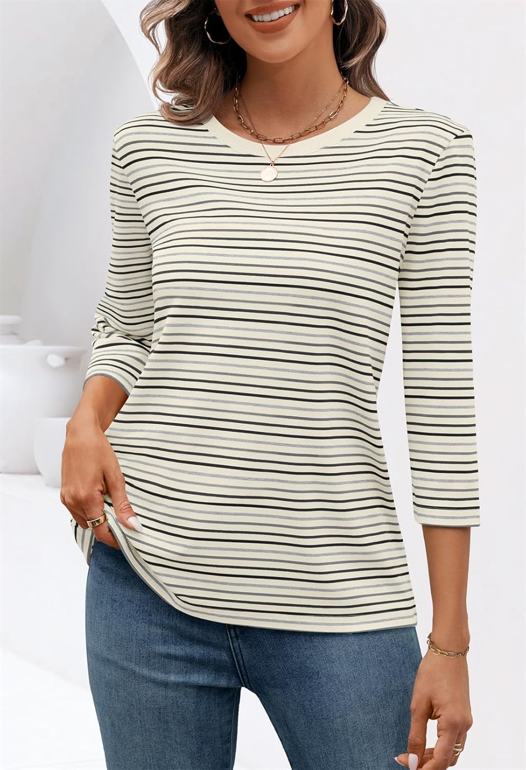 MEROKEETY Women's 2025 Casual 3/4 Sleeve Tops Blouse Crewneck Colorful Striped Fall Loose Shirt - Image 3