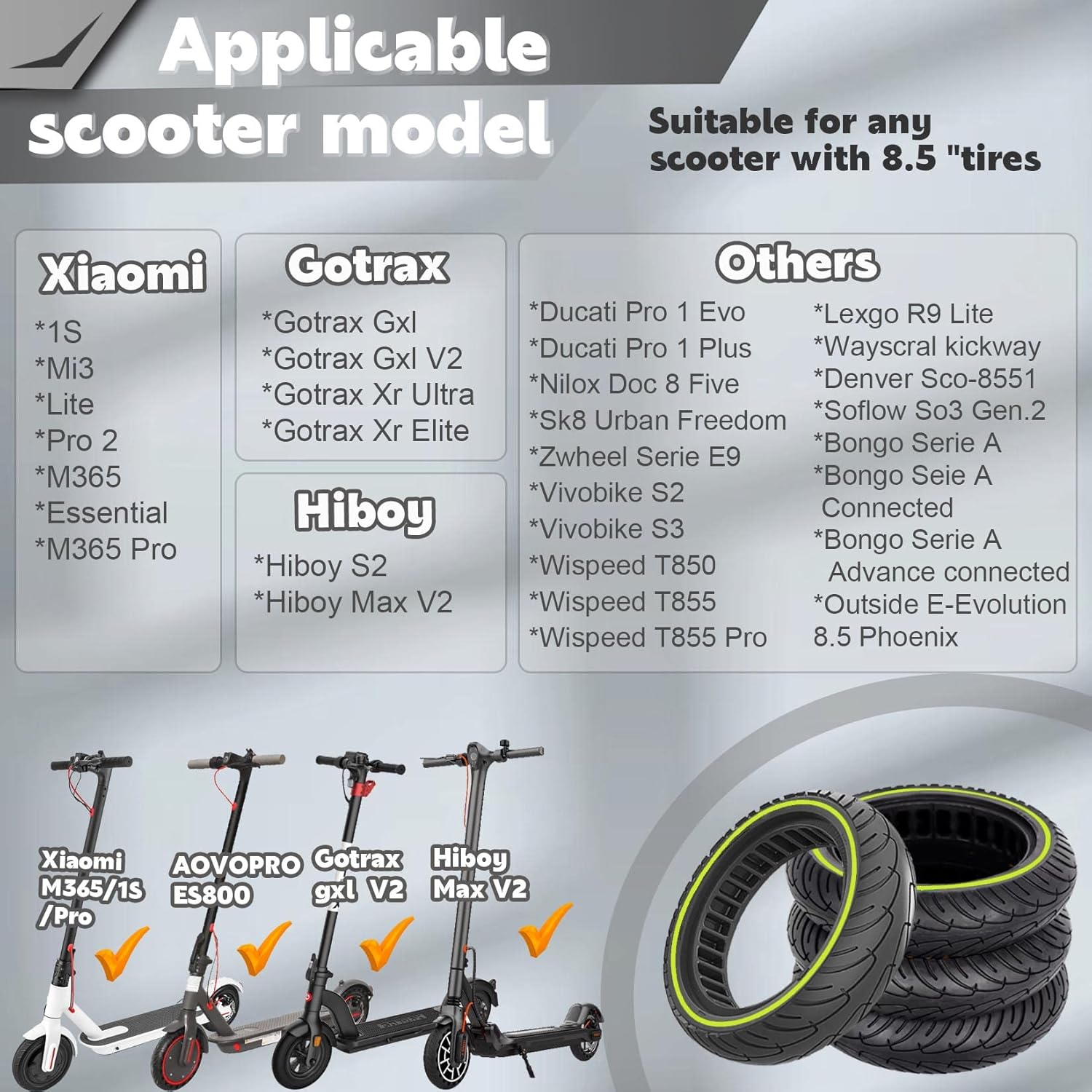 8.5x2.0 Solid Tire, Nighttime luminous Design, 50/75-6.1 8 1/2x2 Inch Replacement Tire, Fit for Gotrax GXL V2/ Xr Hiboy S2 Electric Scooter, Explosion-Proof Tubeless Tire, Green 2pcs