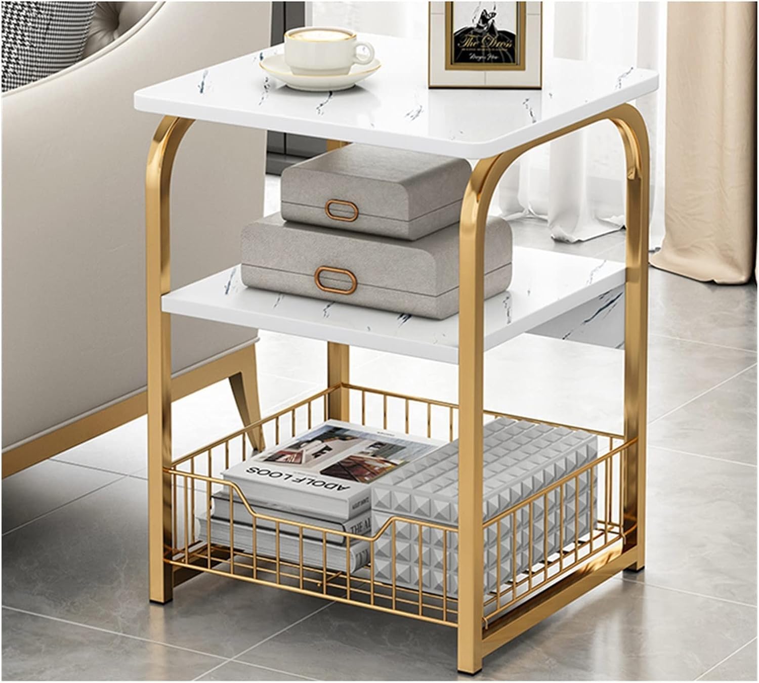 KEYOZA 3-Tier Side Table with Marble Top, Gold Metal Frame, Storage Basket, 40x30x62 cm, Bedside Square Small Telephone Table, for Living Room, Bedroom, Office, Kitchen, Easy Assembly-image-46