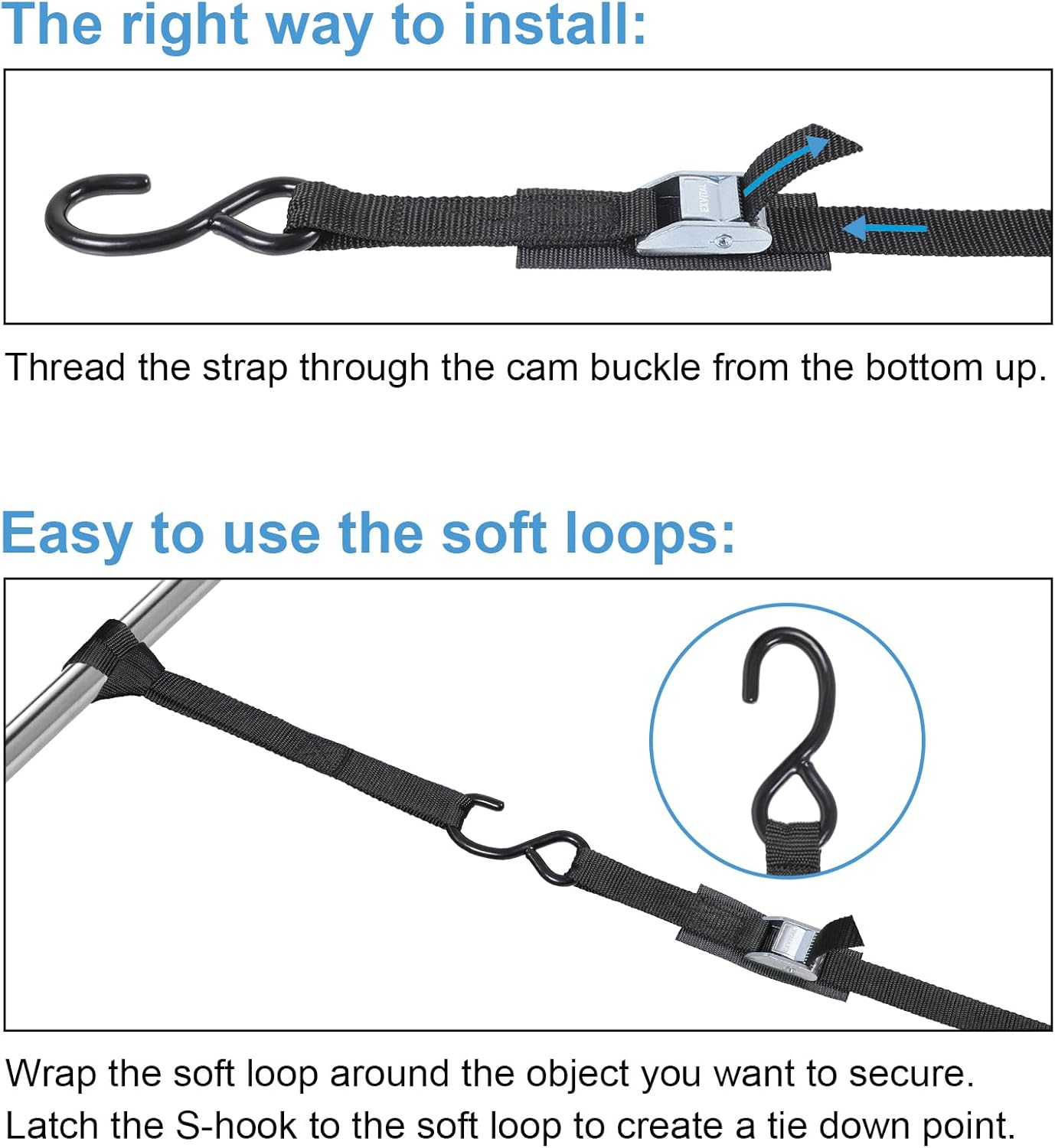 EXVITAL Tie Down Straps with Hook Cam Buckle Straps 1" x 8’ 1200lbs Break Strenght with Extra Soft Loops for Motorcycle, Kayak, ATVs, Dirt Bike, Truck, Car Black 4 Pack - Image 6