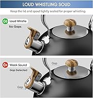 Vista 4 de Tetera silbante de 2.6 cuartos de galón para estufa, acero inoxidable de grado alimenticio con mango de madera fría, compatible con inducción