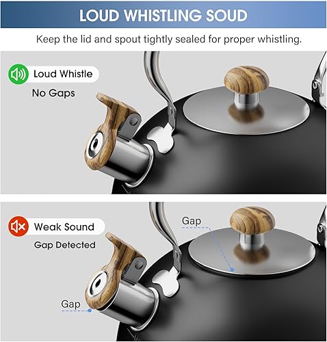 Miniatura 4 de Hervidor de té de 2.6 cuartos de galón silbando para estufa, hervidores de té de acero inoxidable de grado alimenticio con mango de madera fría,