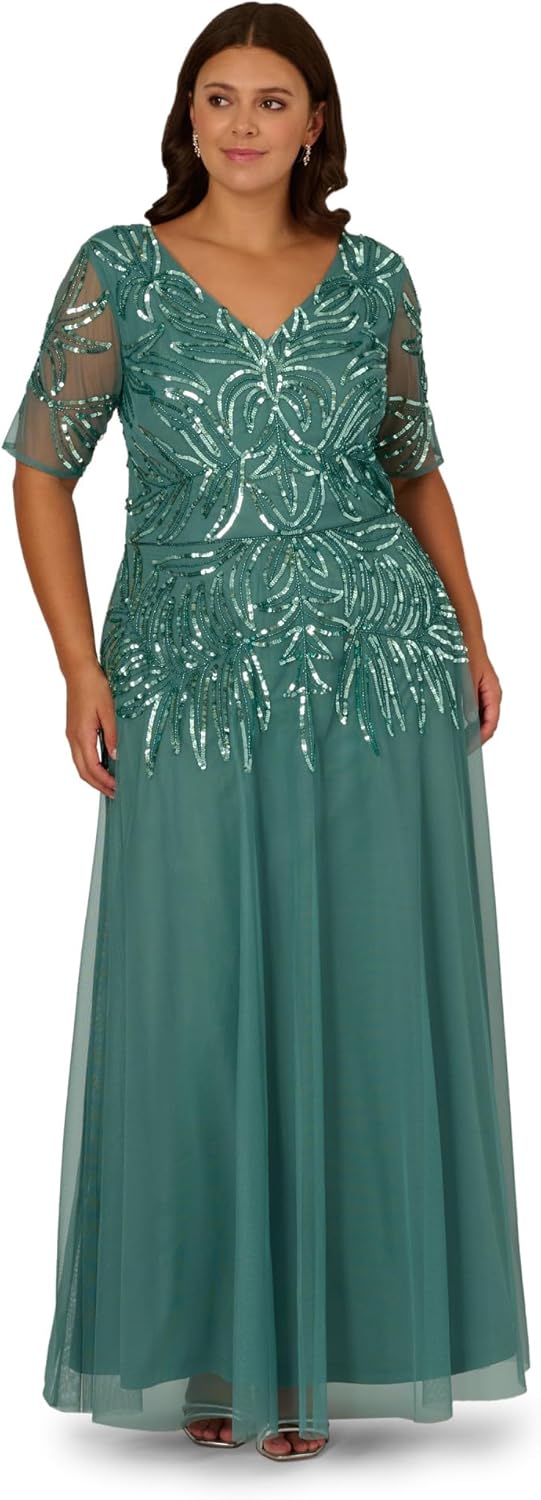 Adrianna Papell Beaded Mesh Long Dress, Green Slate