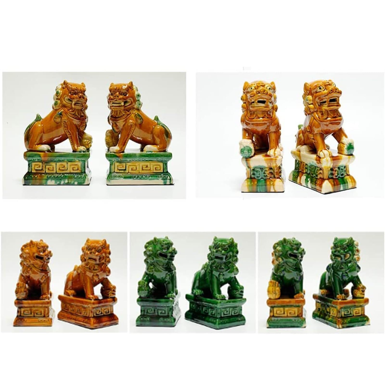 Ceramiczne figurki lwów strażników, para ręcznie wykonanych dekoracji feng shui do domu i biura (zielone 5,12 * 7,48 cala)