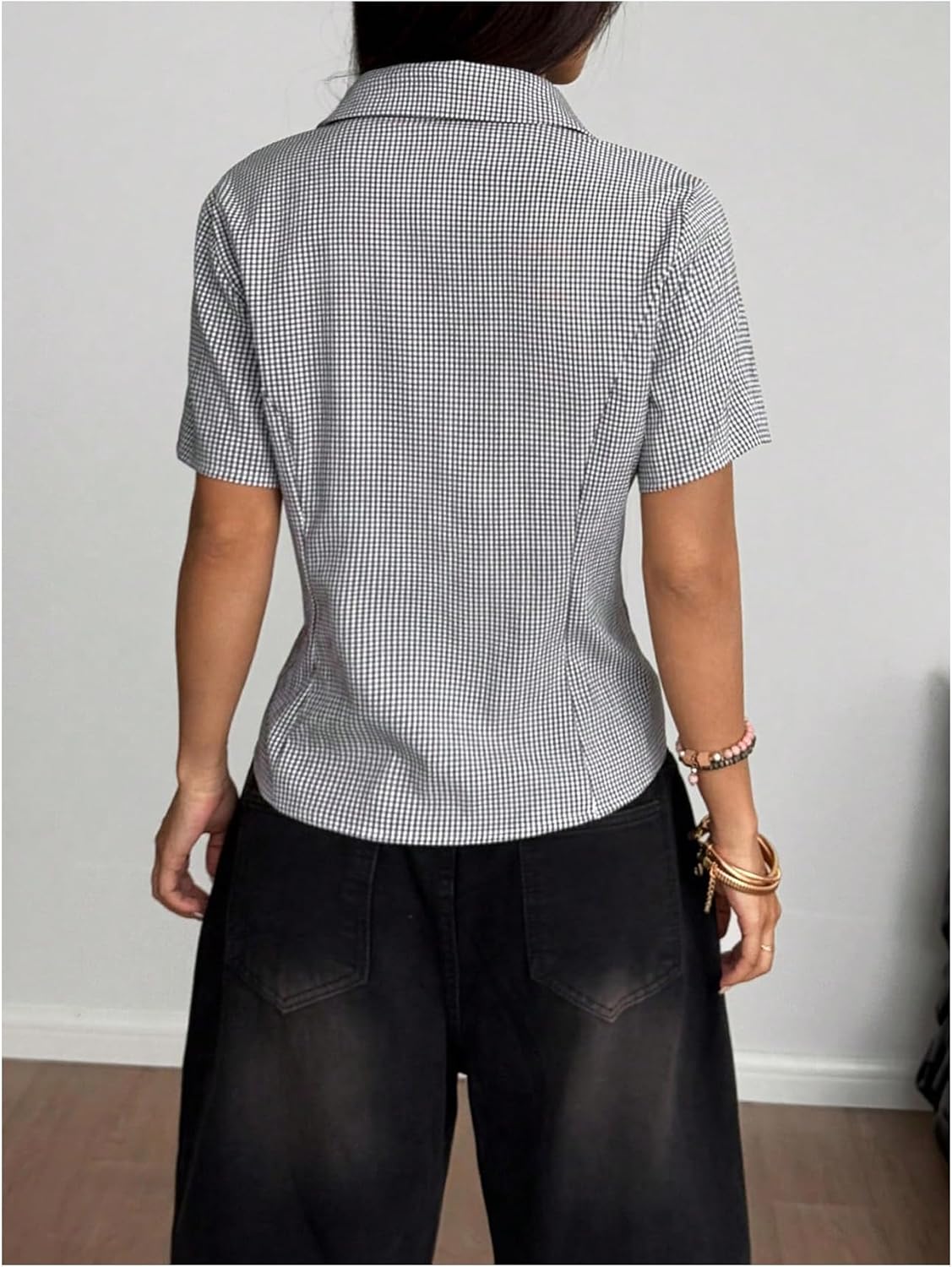 MakeMeChic Women's Plaid Gingham Button Down Shirt Short Sleeve Going Out Blouse Tops - Image 3