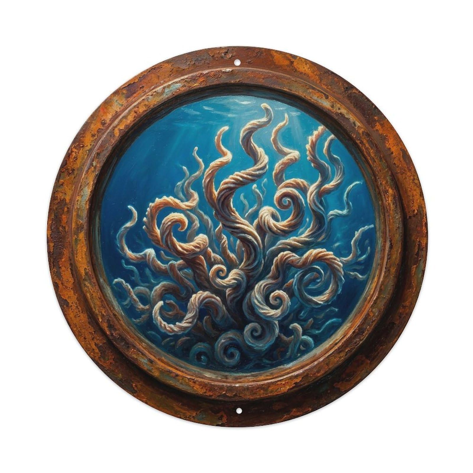 Vintage Porthole Horn Coral Twisted Ship Window Under Deep Metal Tin Sign
