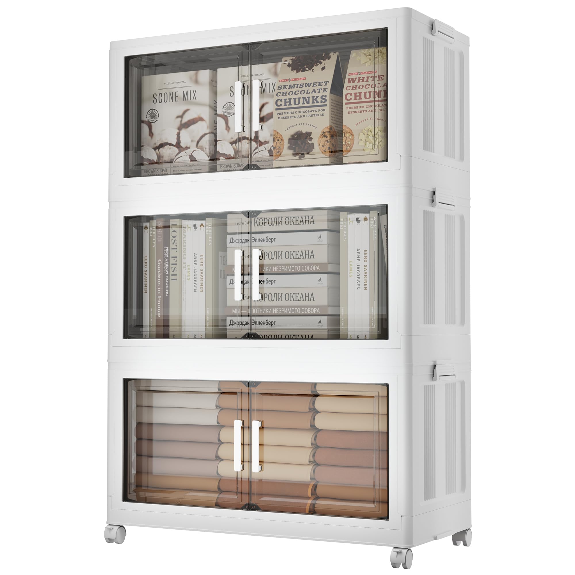 Naviconvex Storage Boxes with Lids, 3 Tier 360L Plastic Storage Box with Magnetic Doors and Wheels, Stackable Storages Boxes, Foldable Storages Drawers and Organization for Kitchen, Office, Home