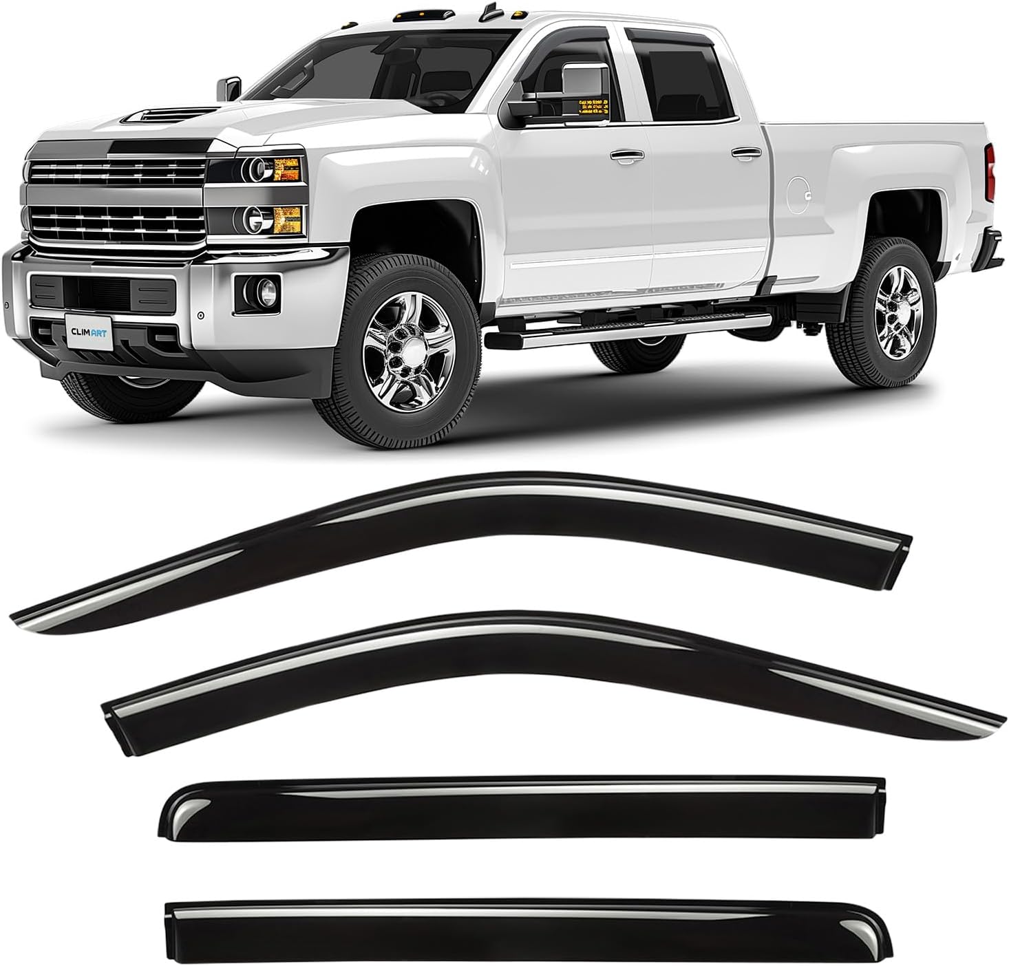 CLIM ART Incredibly Durable Rain Guards Compatible with Chevrolet (Chevy) Silverado 2500HD/3500HD 2015-2019 Crew Cab, Original Tape-on Window Deflectors, Vent Deflector,Window Visors, 4pcs.- 415190