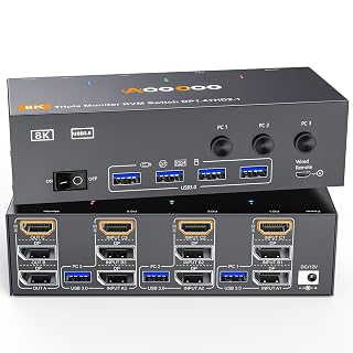 8K@60Hz HDMI2.1 Displayport KVM Switch 3 Monitors 3 Computers 4K@144Hz Triple Monitor KVM Switches with USB 3.0 Port,Wired Remote,Power Adapter and USB3.0 Cables(16cm 3 PC 3 Monitor 8K KVM) - Amazon product rated Grade A