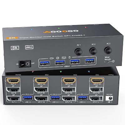 8K@60Hz HDMI2.1 Displayport KVM Switch 3 Monitors 3 Computers 4K@144Hz Triple Monitor KVM Switches with USB 3.0 Port,Wired Remote,Power Adapter and USB3.0 Cables(16cm 3 PC 3 Monitor 8K KVM)