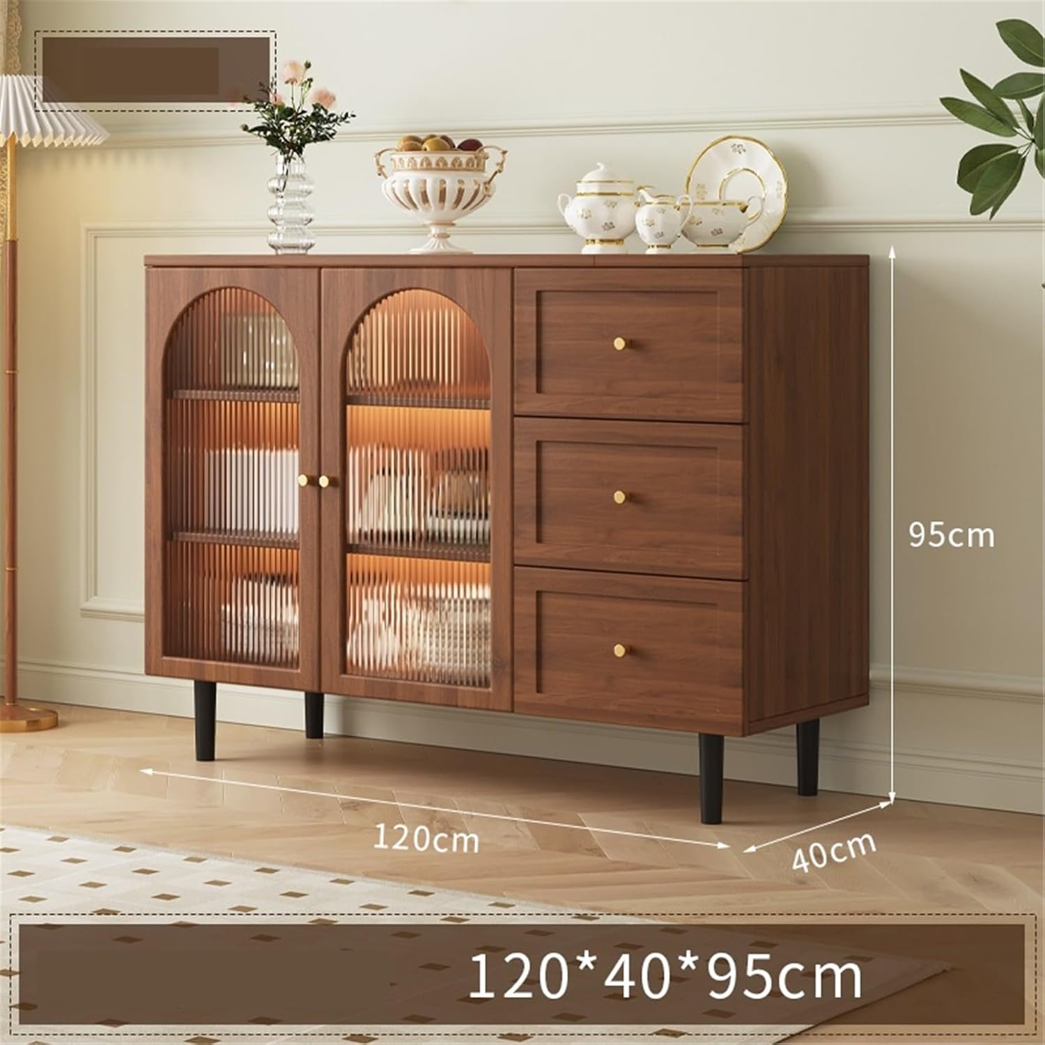 Buffet Cabinet Glass Wooden Sideboard Simple Rattan Storage Double Door with Drawer Home Restaurant Tea Kitchen Kitchen Cabinet