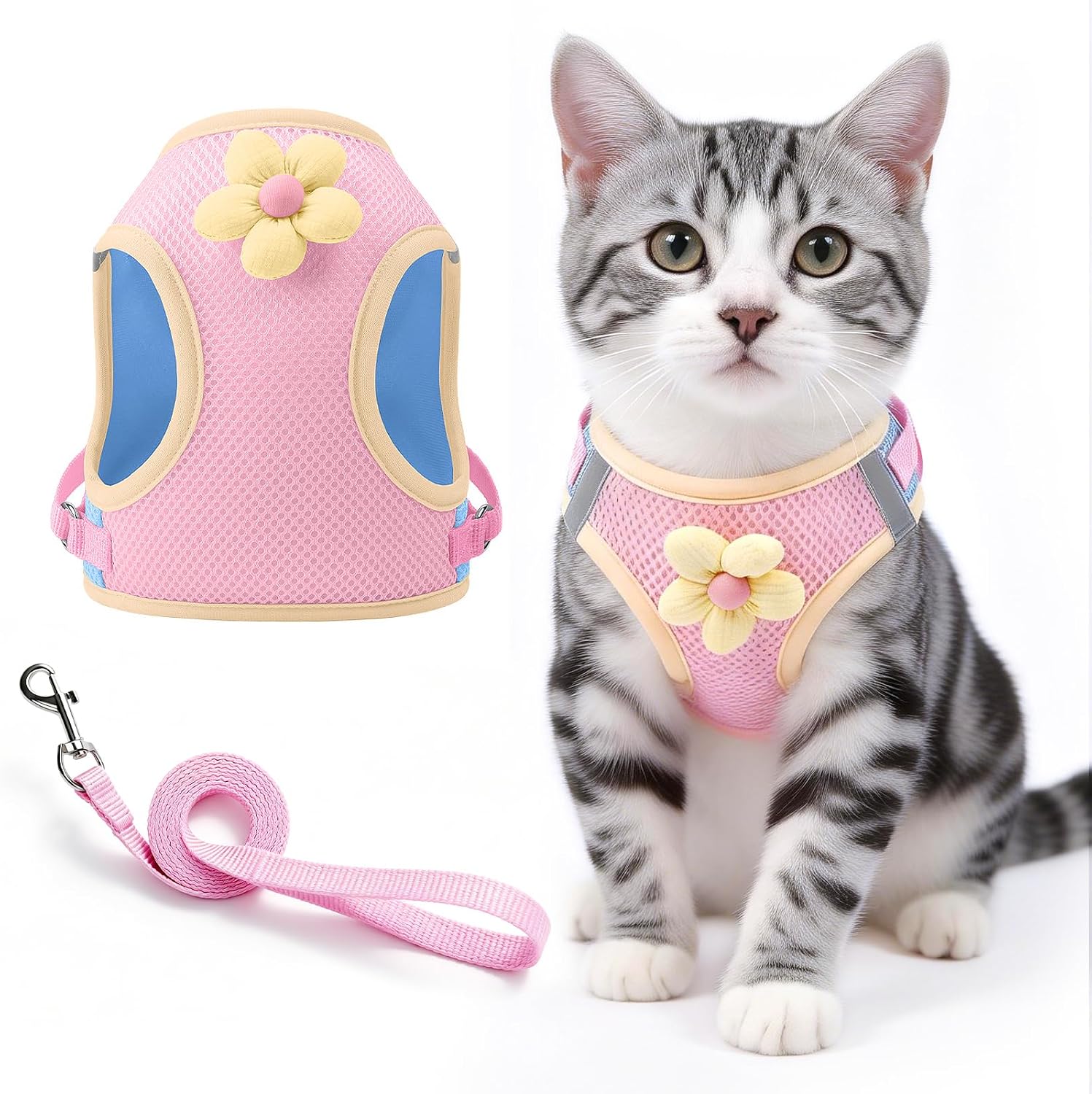 Cat Harness and Leash Set, Step in Mesh Cat Vest Harness with Cute Flower, Reflective Adjustable Kitten Harness and Leash Set for Walking (Pink, S)