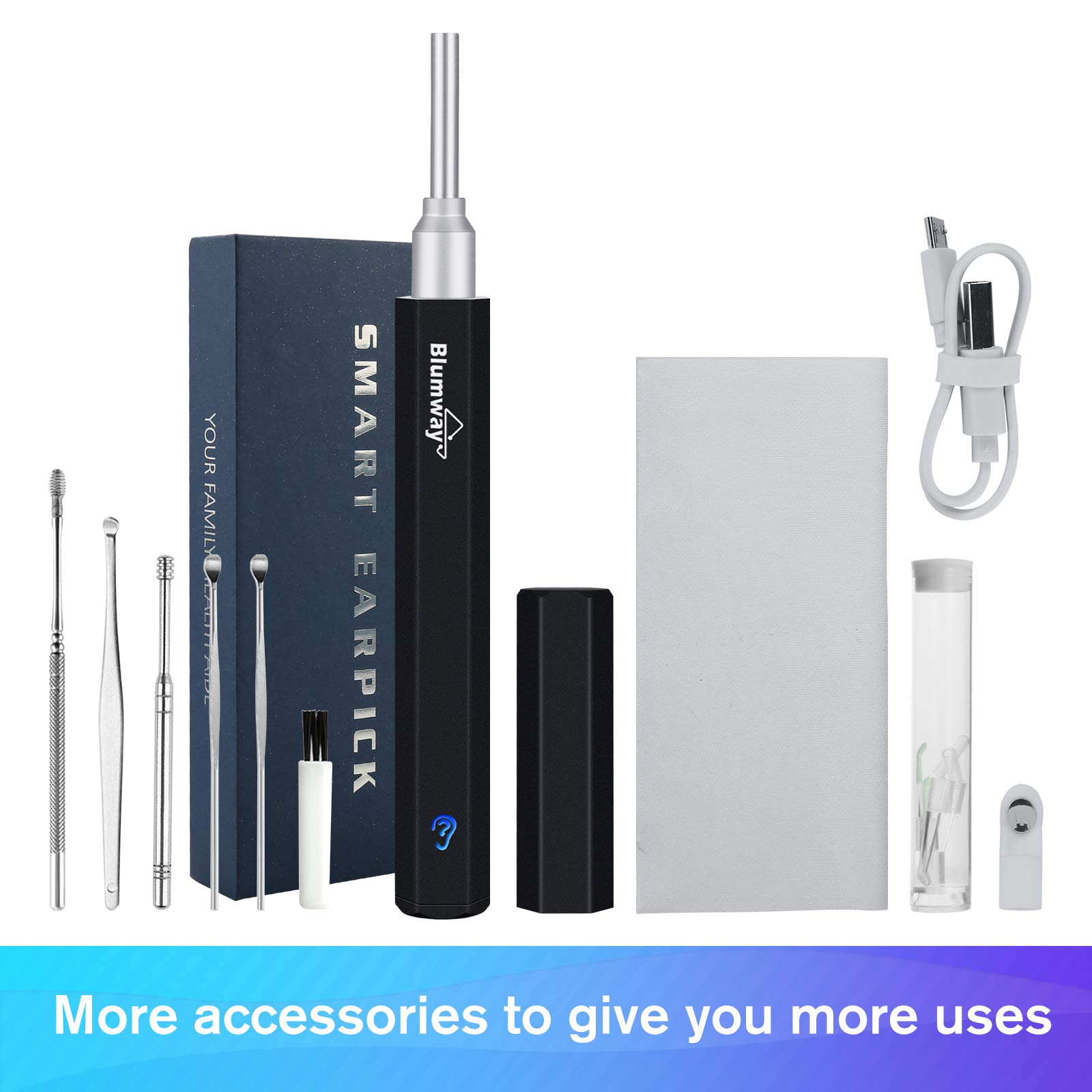 BlumWay WiFi otoscopio de oído 3.5 mm 1080P HD endoscopio de oído limpiador de oído cámara con 6 luces LED, limpiador de oídos removedor de cera para bebés, niños, adultos con iOS, Android (negro)