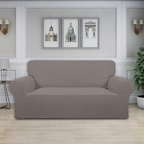 Vista 421 de Easy-Going - Funda elástica para sofá biplaza, 1 pieza, suave, con parte inferior elástica, protector para niños, tela jacquard de elastano y Gris