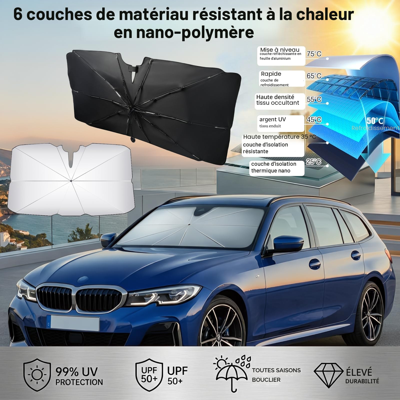 Pare-Soleil Voiture Pare-Brise Avant, Pliable Parapluie Anti-UV Et Anti-Chaleur, Protection Solaire Universelle pour SUV, Camionnettes, Mpv Et Voitures, Facile À Utiliser Et À Ranger