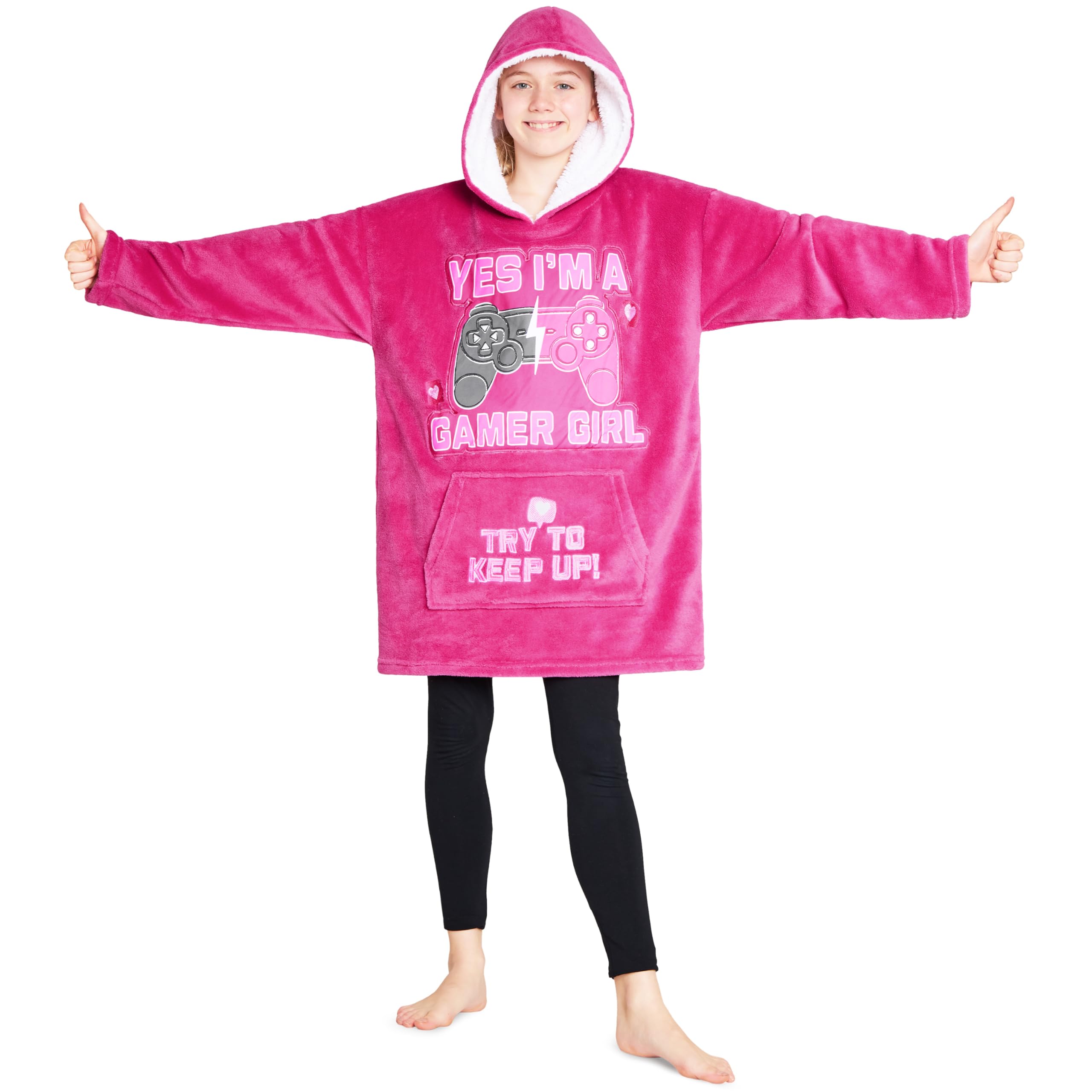 Citycomfort Pink Gaming Hoodie Blanket For Kids & Teenagers Fleece Wearable Blanket Warm Gamer Football Oversized Hoodie With Sherpa Hood Loungewear Gaming Gifts (Pink Gaming)