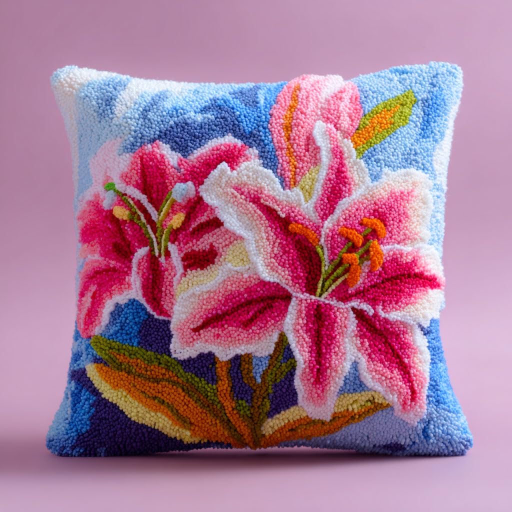Henypt Latch Hook Cushion Kits, Pink Lilies Latch Hook Pillow Case Embroidery Kits, DIY Needlework Pillow Cover Sofa Cushion Rug Making Kit, 43x43cm