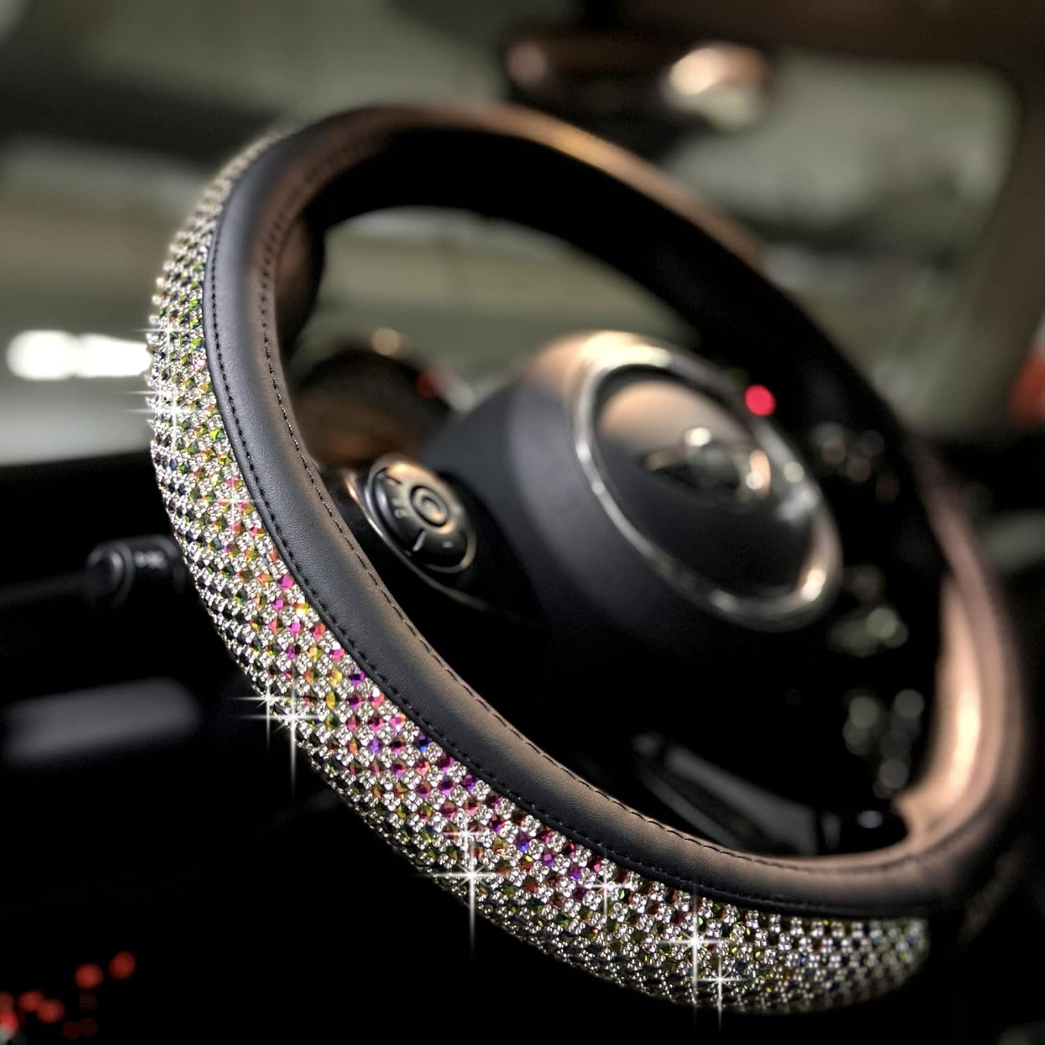 PINCTROT Bling Bling Comfy Steering Wheel Cover with Jumbo Crystal Rhinestones, Anti-Slip Diamond Leather, Universal 15 Inch (Colorful)