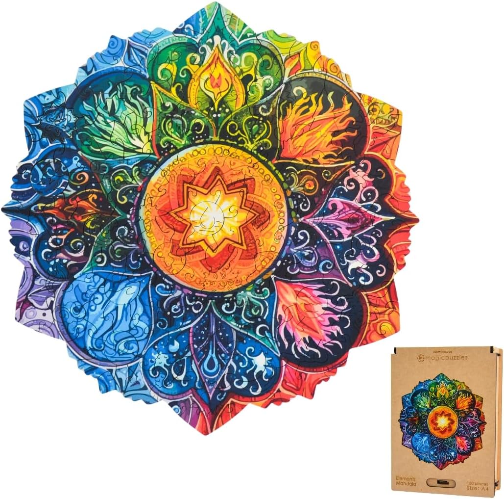 Lubiwood Mandala Elements Deluxe Wooden Puzzle in the Shape of Unique Nature (24 x 24 cm) - Designed in Europe, Encourages Concentration, Supplied with Wooden Gift Box - Ideal for Adults