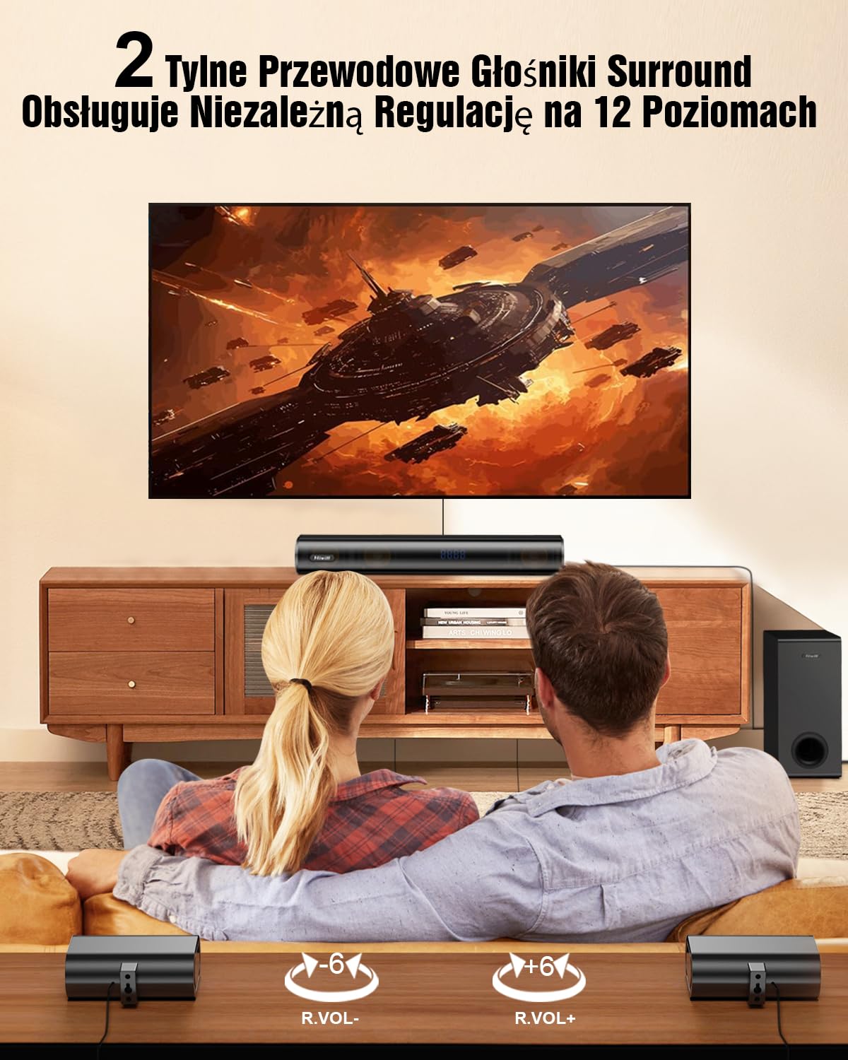 Hiwill 5.1CH Soundbar do telewizora, Dolby Atmos Surround Sound System, 2 przewodowe głośniki surround, 5,25" Subwoofer Soundbar do telewizora, Czysty Dźwięk, 380W Moc Szczytowa, HiElite A51