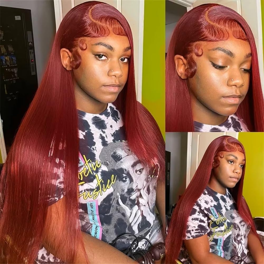 Burgundy Straight Human Hair Wig 13x6 Transparent Lace 200% Density(28inch)