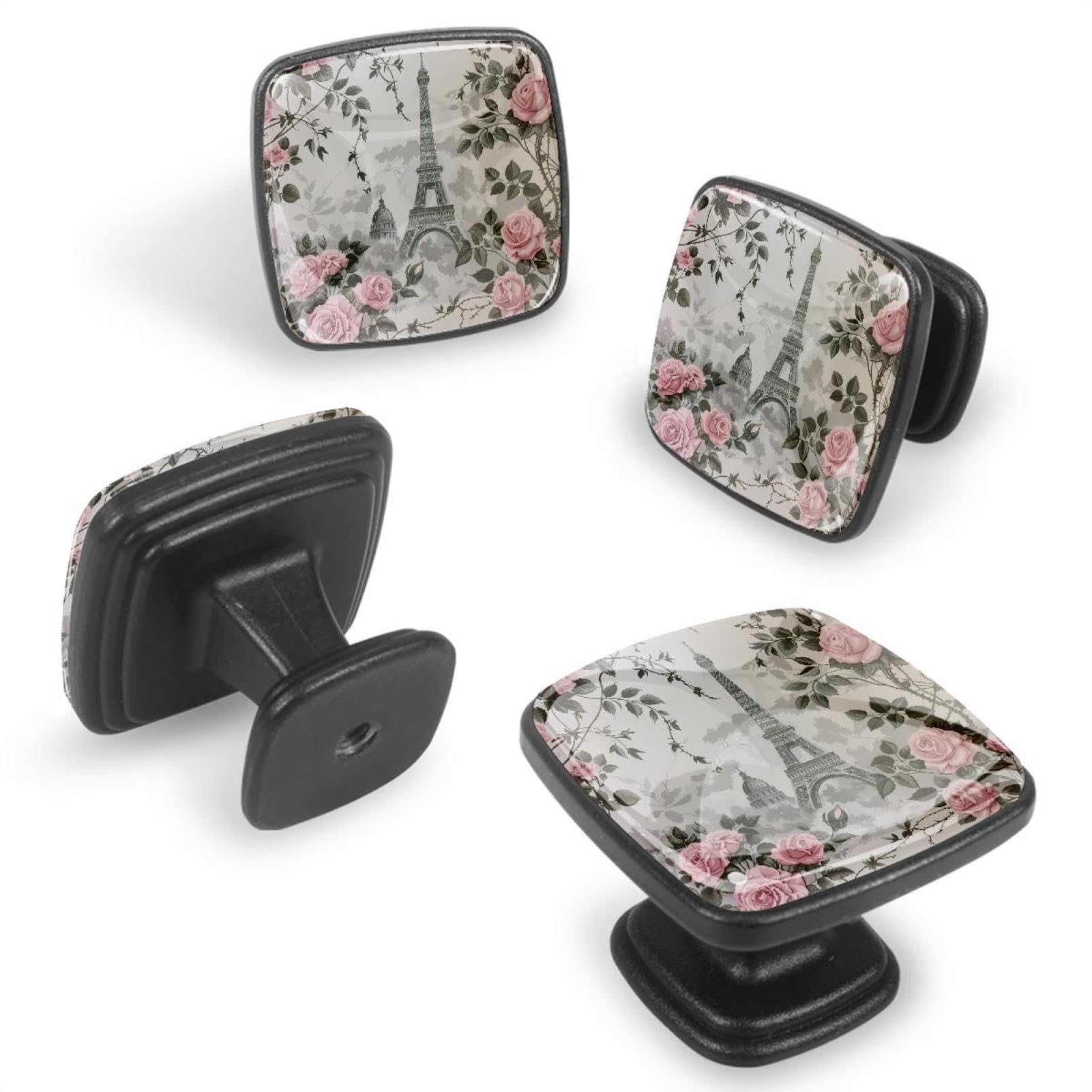 IROLSKDNFH 12 Pieces Beautiful Paris Eiffel Tower Pink Rose Glass Knobs for Dresser Drawers, 1.37 x 1.10 in Square Kitchen Cabinet Pulls for Home Office Nursery Kids Room