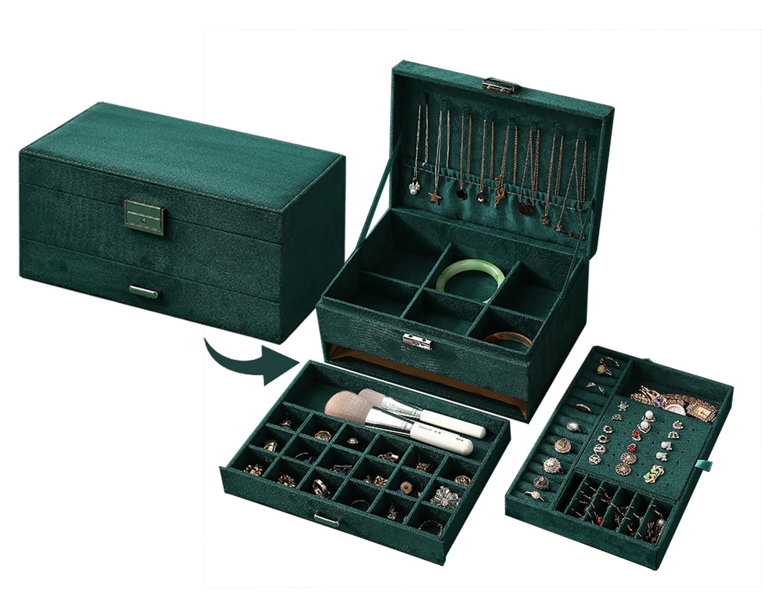 AARAINBOW Jewelry Storage Organizer Box, 3 Layer Velvet Jewelry Box with Lock Earring Holder Jewelry Case Retro Jewellery Holder For Ring Necklace Bracelet, Ideal Gift For Girls Women (C Green)