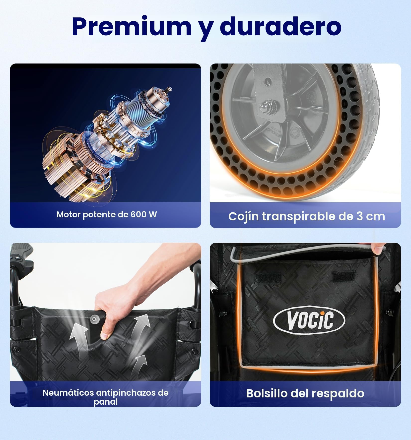 VOCIC V55 Silla de ruedas eléctrica plegable ligera con control trasero | silla de ruedas eléctrica de hasta 136 kg, para todo terreno, silla de ruedas eléctrica de 500 W con Bluetooth (21 kg)