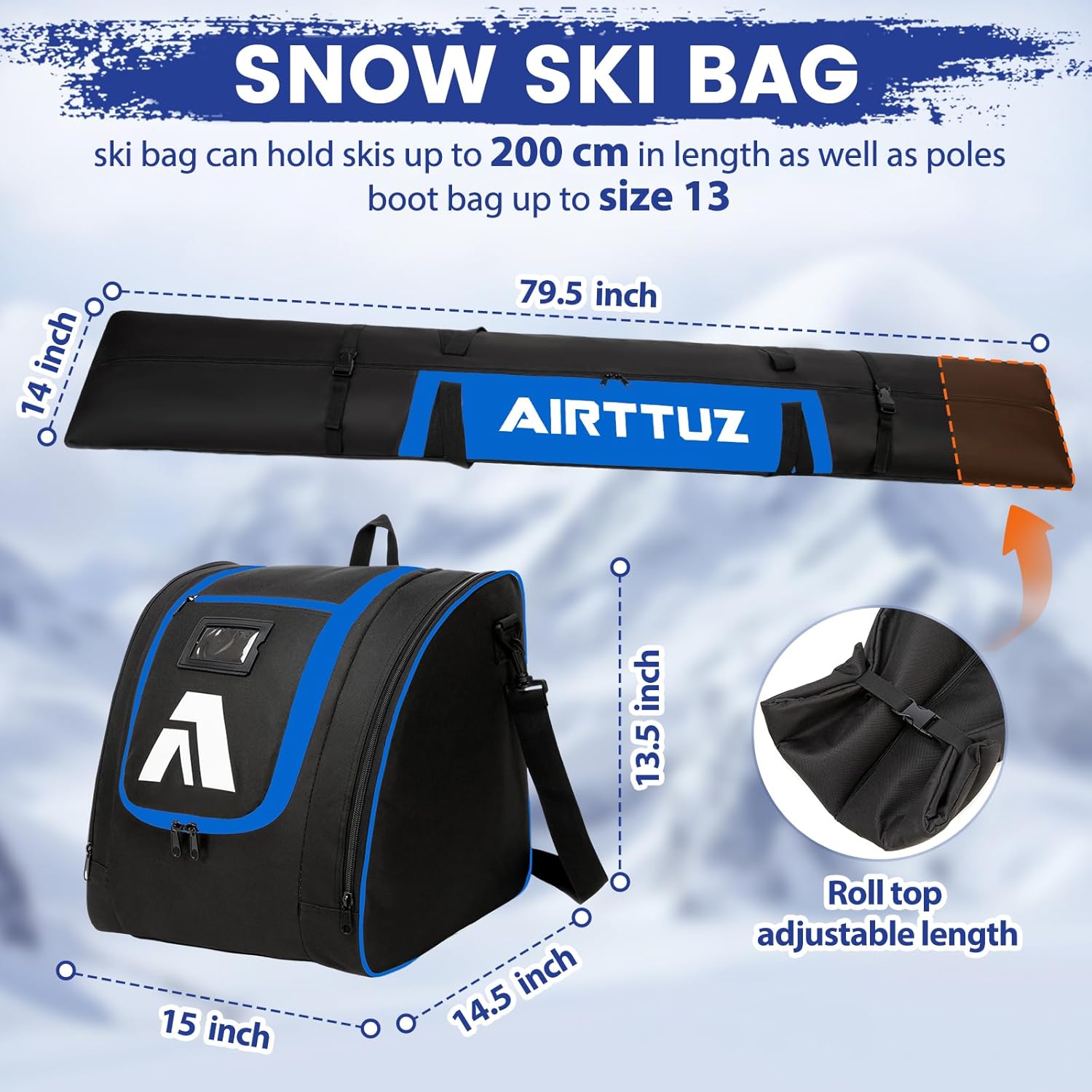 Ski Bag and Boot Bag Combo, Water-Resistant Ski Boot Travel Bag Fit Skis Up to 200 cm & Boots Size 13 With 5mm Foam Ski Gear Bag.