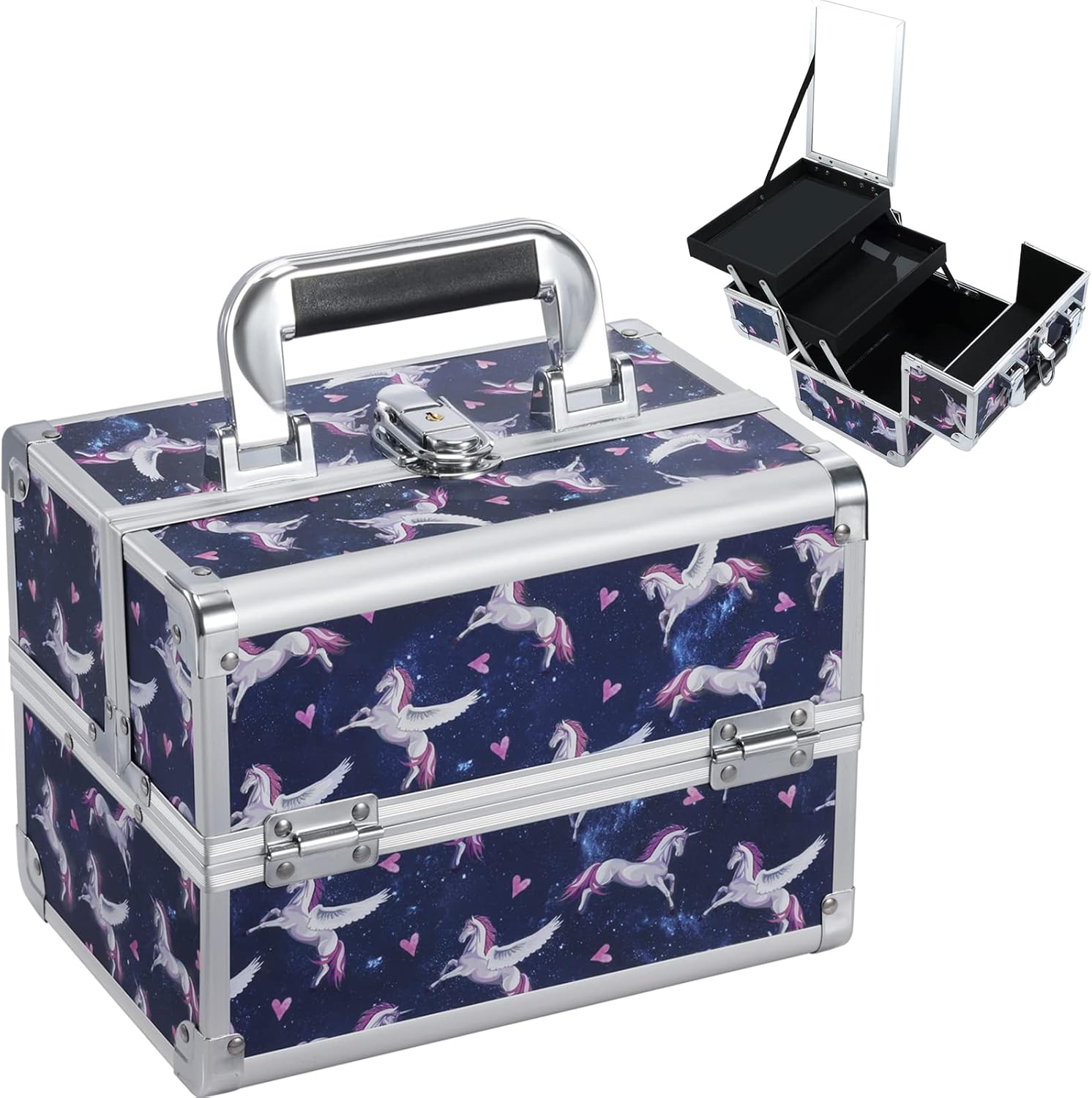Costravio Makeup Train Case, Kids Unicorn Cosmetic Hair Accessories Organizer with Mirror 2 Trays, Lockable Cute Jewelry Storage Box with Handle for Girls Gift - Star Pegasus Mare