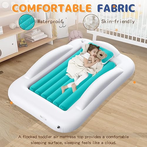 Miniatura 31 de Cama inflable de viaje para niños, colchón de aire portátil y cómodo con parachoques de seguridad de 3 lados, cama inflable para acampar y viajar
