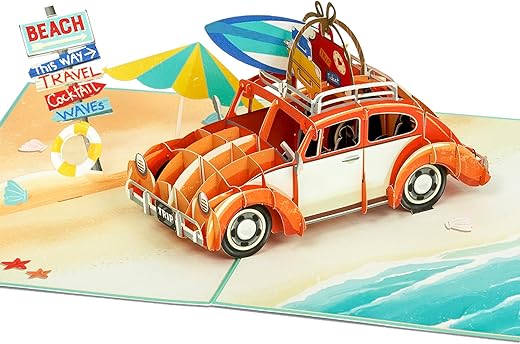 Car Pop Up Card, Beetle Bug, New Adventure, Road Trip, Vacation 3D Travel Card for Birthday, Graduation, Congratulations, Retirement, Work…