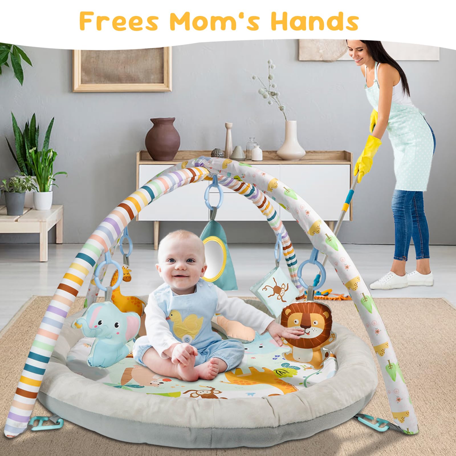 Baby Play Mat, Baby Gym Play Mat for Newborn with Hanging Toys Tummy Time Pillow and Comfy Baby Mats for Floor Play Playmats & Floor Gyms Baby Toys, Baby Activity Gym for 0-36 Months Infants Newborn