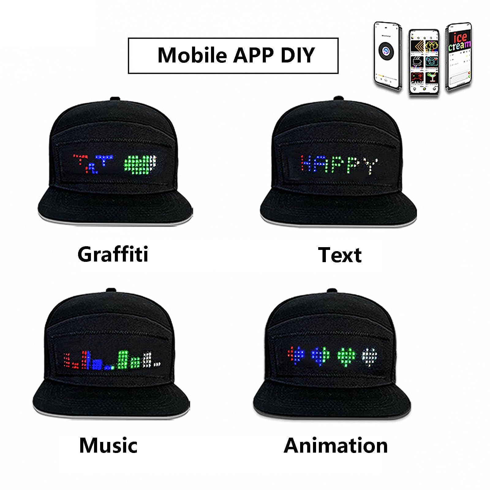 Gorra LED programable con control de aplicación móvil, texto editable, animación, música, graffiti, diseño DIY para fiestas de cumpleaños, conciertos, carnivales, Navidad, bares, clubes