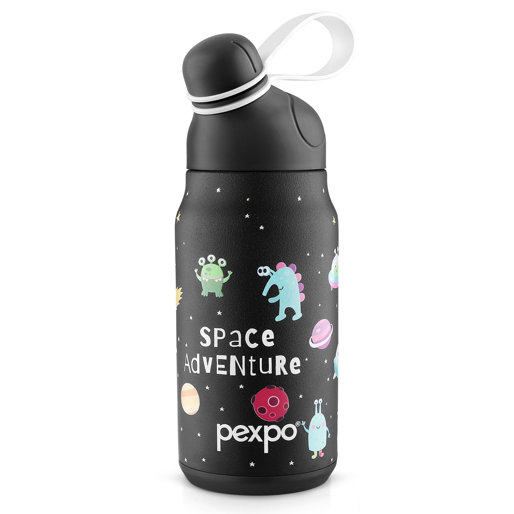 Go24 pexpo Piano 450 ISI Certified Stainless Steel Water Bottle for School Kids - 420ml | 6+ Years Age |Hot & Cold | with Sipper Cap |Double Wall | for Picnic, Outing - Black Space Printed