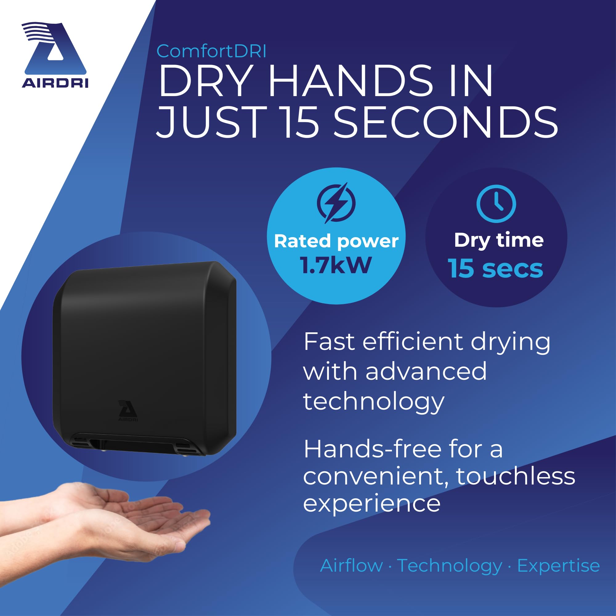 Airdri ComfortDRI Automatic Warm Air Hand Dryer - 1.7kW Low Noise Motor - 15-Second Dry Time - 67dBA Noise Output - ADA Compliant - Ideal for Small Workplaces - Matte Black